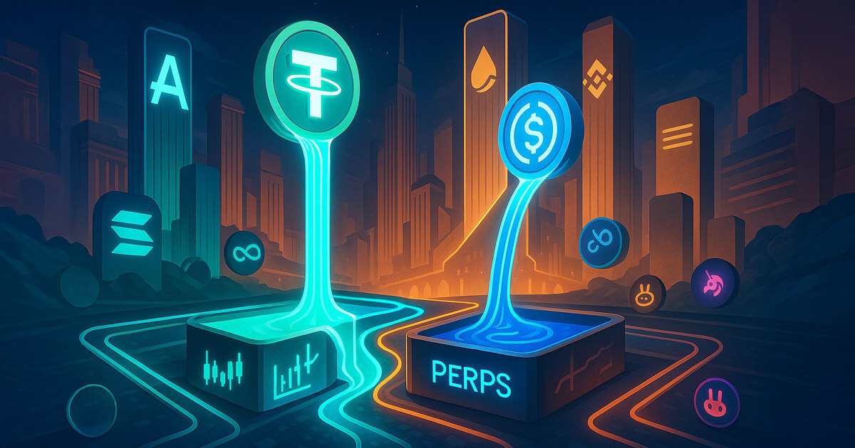USDT and USDC fountains split into twin neon rivers feeding balanced “spot” and “perps” pools beneath towering Aave, Lido, and EigenLayer monoliths, symbolizing clustered DeFi liquidity