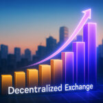 A glowing 3D bar chart highlights decentralized exchange volume surpassing CeFi against a financial skyline - Cover art/illustration via CryptoSlate.
