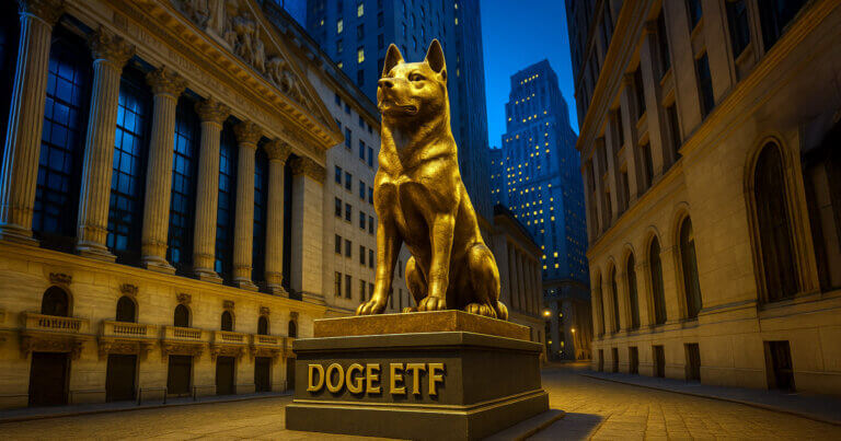 A bronze Shiba Inu statue labeled “DOGE ETF” stands prominently in Wall Street plaza with no crowds present - Cover art/illustration via CryptoSlate.