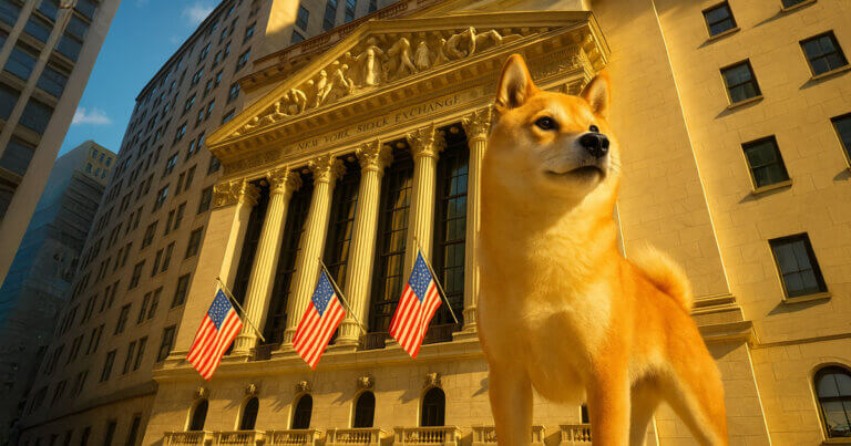 A Shiba Inu stands proudly in front of the New York Stock Exchange as American flags wave above the iconic facade - Cover art/illustration via CryptoSlate.