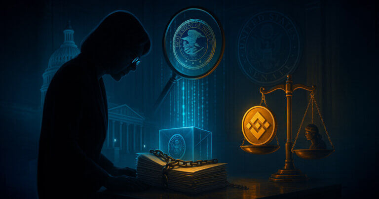 A silhouetted senator scrutinizes chained settlement documents as a magnified justice seal and Binance coin tip golden scales inside a cyber-lit Capitol hearing room