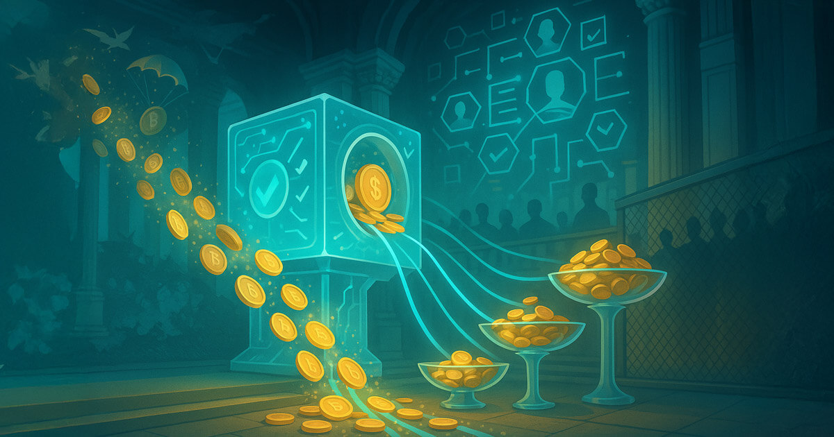 A glowing “reputation engine” filters parachuting coins into tiered glass bowls inside a grand hall, visualizing holder-score crowdsales replacing indiscriminate airdrops