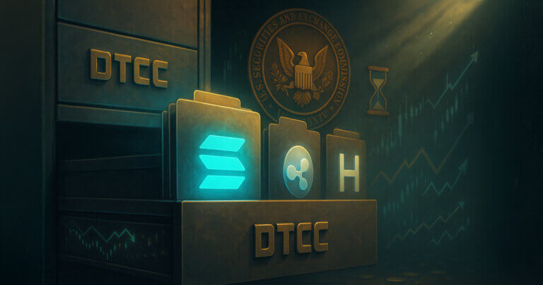 Three glowing folders marked with Solana, XRP, and HBAR logos sit in a DTCC drawer under an SEC seal, signaling pre-launch listings without approval