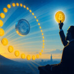 At sunrise over San Salvador, a silhouetted Bukele lifts a glowing Bitcoin as 21 coins arc toward a crystalline vault above a smoldering volcano - Cover art/illustration via CryptoSlate.