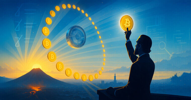 At sunrise over San Salvador, a silhouetted Bukele lifts a glowing Bitcoin as 21 coins arc toward a crystalline vault above a smoldering volcano - Cover art/illustration via CryptoSlate.