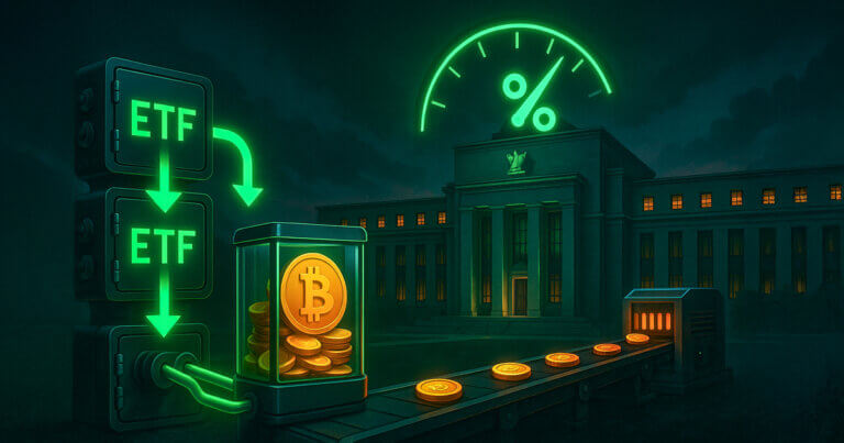 Neon ETF pipes pour into a Bitcoin vault while a thin mining conveyor trickles new coins beneath a glowing Fed rate gauge, symbolizing demand overwhelming limited issuance if cuts arrive