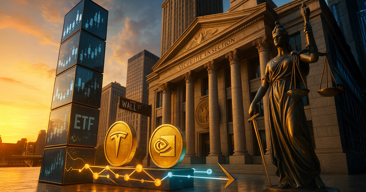 SEC-style courthouse flanked by a glass ETF tower and a glowing blockchain rail carrying Tesla and Nvidia token-coins, conveying that traditional ETFs remain dominant amid looming tokenized stock rules.