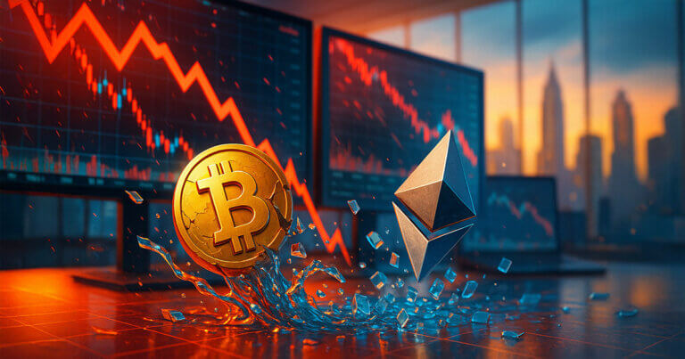 A bright, cinematic scene shows Bitcoin and Ethereum logos tumbling amid plunging red charts and glass-like shards, evoking a record $1.7B crypto liquidation.