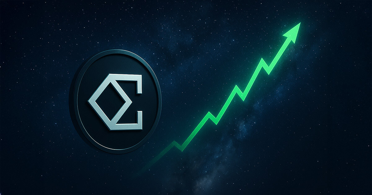 A cinematic scene with the Ethena logo on the left and a glowing neon-green upward price line cutting across a detailed starry night sky with faint nebula clouds.