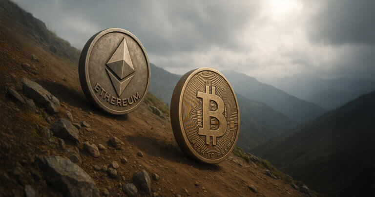 Bitcoin and Ethereum coins are depicted rolling downhill, symbolizing ETF outflows of nearly $400 million - Cover art/illustration via CryptoSlate.