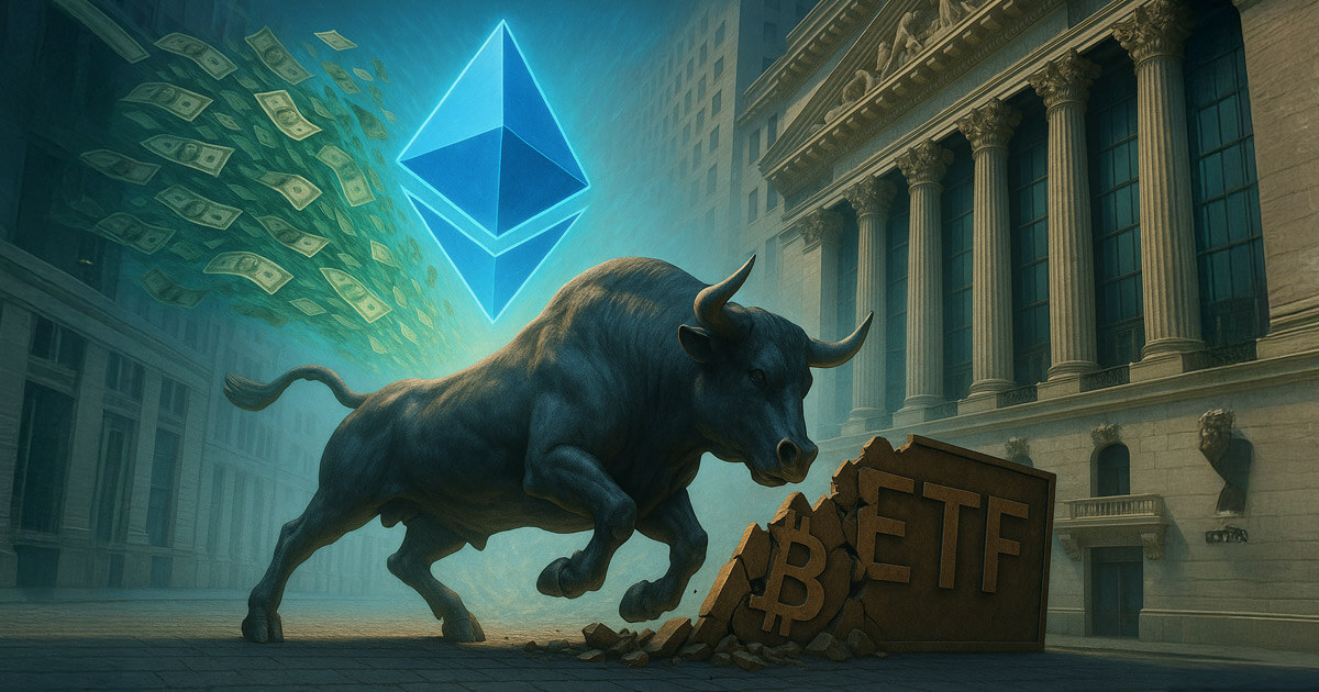 Ethereum ETF bull charges through a broken Bitcoin ETF gate with capital flowing behind it outside the NYSE - Cover art/illustration via CryptoSlate.