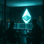 Silhouetted Ethereum developers work late in an office with the glowing Ethereum logo projected on a glass wall - Cover art/illustration via CryptoSlate.