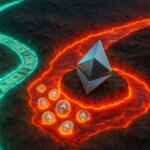 A green cash river abruptly turns into red lava encircling an Ethereum icon, viewed from above - Cover art/illustration via CryptoSlate.