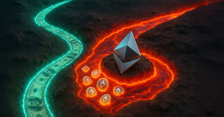 A green cash river abruptly turns into red lava encircling an Ethereum icon, viewed from above - Cover art/illustration via CryptoSlate.
