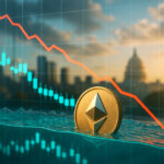a metallic Ethereum coin dipping below a turquoise waterline as a red price line falls across daylight candlesticks and a city skyline.
