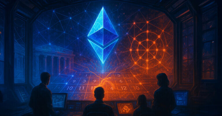 Developers in a futuristic control room monitor a crystalline Ethereum logo as a glowing network lattice locks into alignment for the Fusaka mainnet upgrade