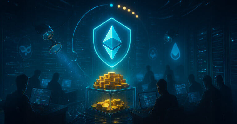 In a neon-blue audit war room, a holographic Ethereum shield hovers over a $2M gold prize vault as magnifier drones and coders scour glowing code beneath a ticking arc