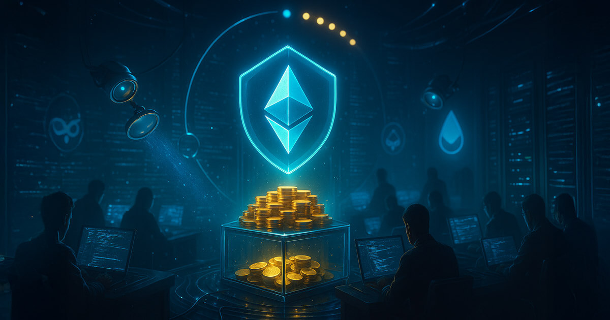In a neon-blue audit war room, a holographic Ethereum shield hovers over a $2M gold prize vault as magnifier drones and coders scour glowing code beneath a ticking arc