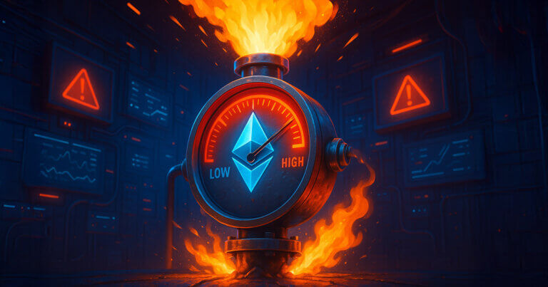 An Ethereum gas meter bursts with flames inside a blockchain control room, symbolizing rising transaction pressure - Cover art/illustration via CryptoSlate.