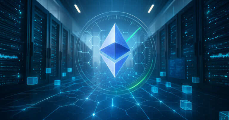 Ethereum crystal hovers in a sunlit data center as a circular gauge ticks higher and glowing transaction cubes surge along widened lattice pathways.