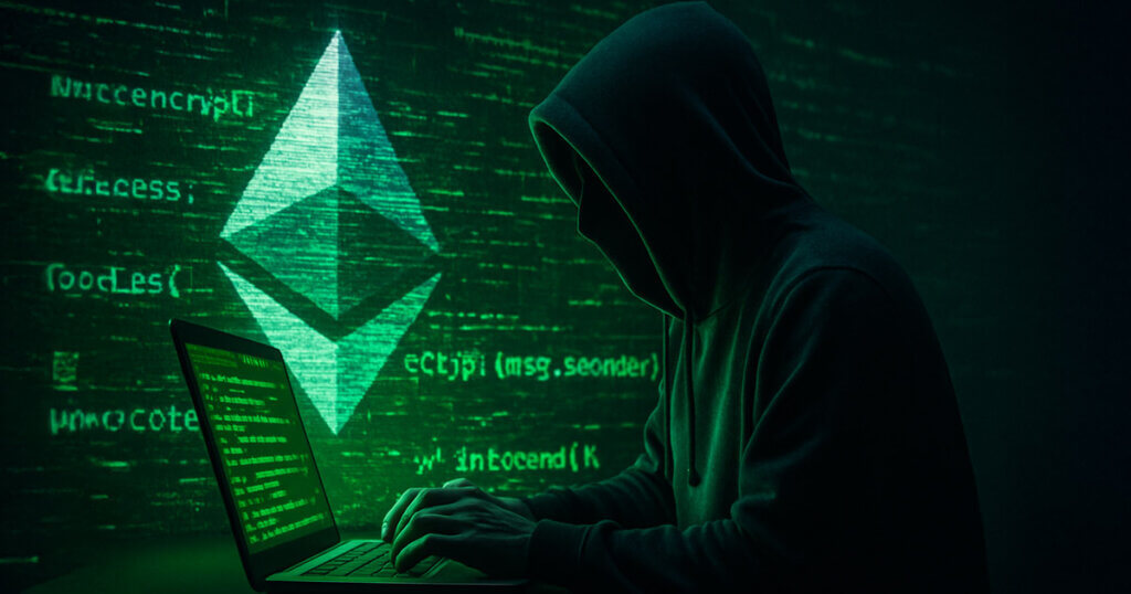 An anonymous hacker types malicious code as the Ethereum logo flickers on a digital projection wall - Cover art/illustration via CryptoSlate.
