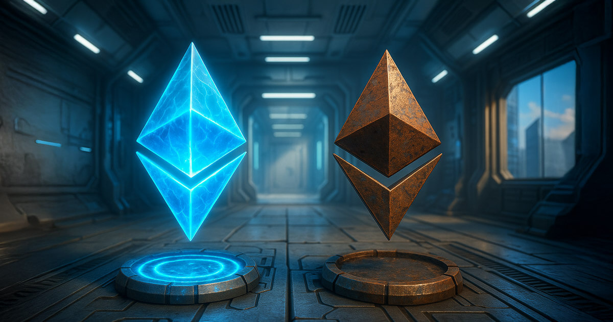 Two Ethereum nodes are depicted, one glowing vibrant blue as Hoodi and the other rusted bronze as Holesky - Cover art/illustration via CryptoSlate.