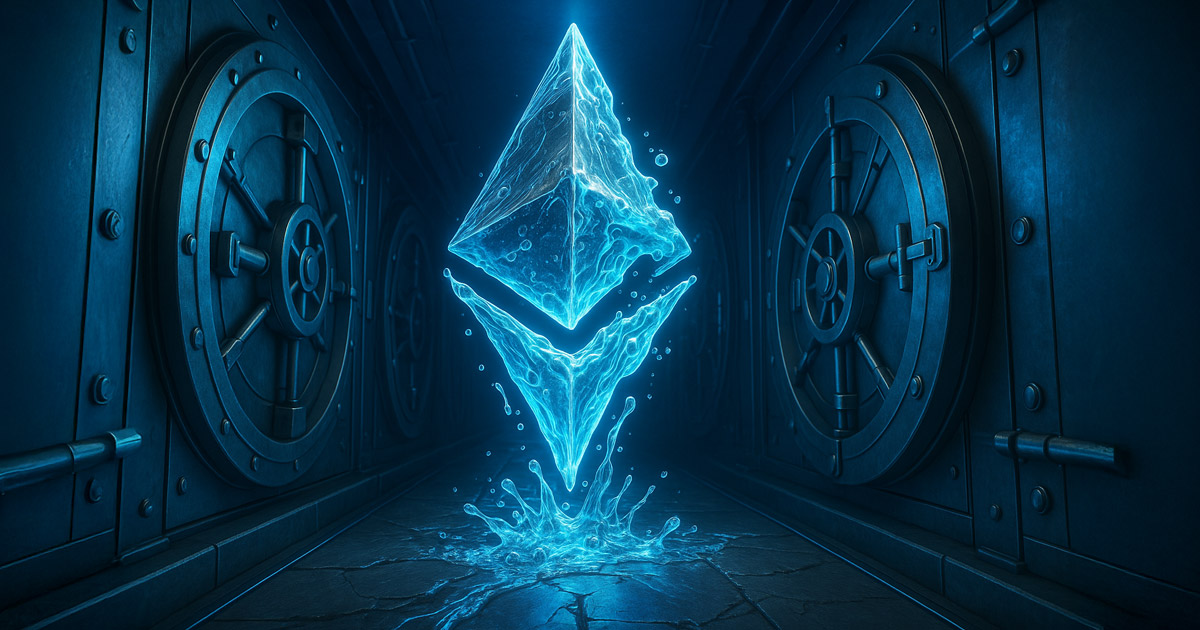 A liquid-like Ethereum logo glows inside a reinforced digital vault corridor with metallic highlights and ambient blue lighting - Cover art/illustration via CryptoSlate.