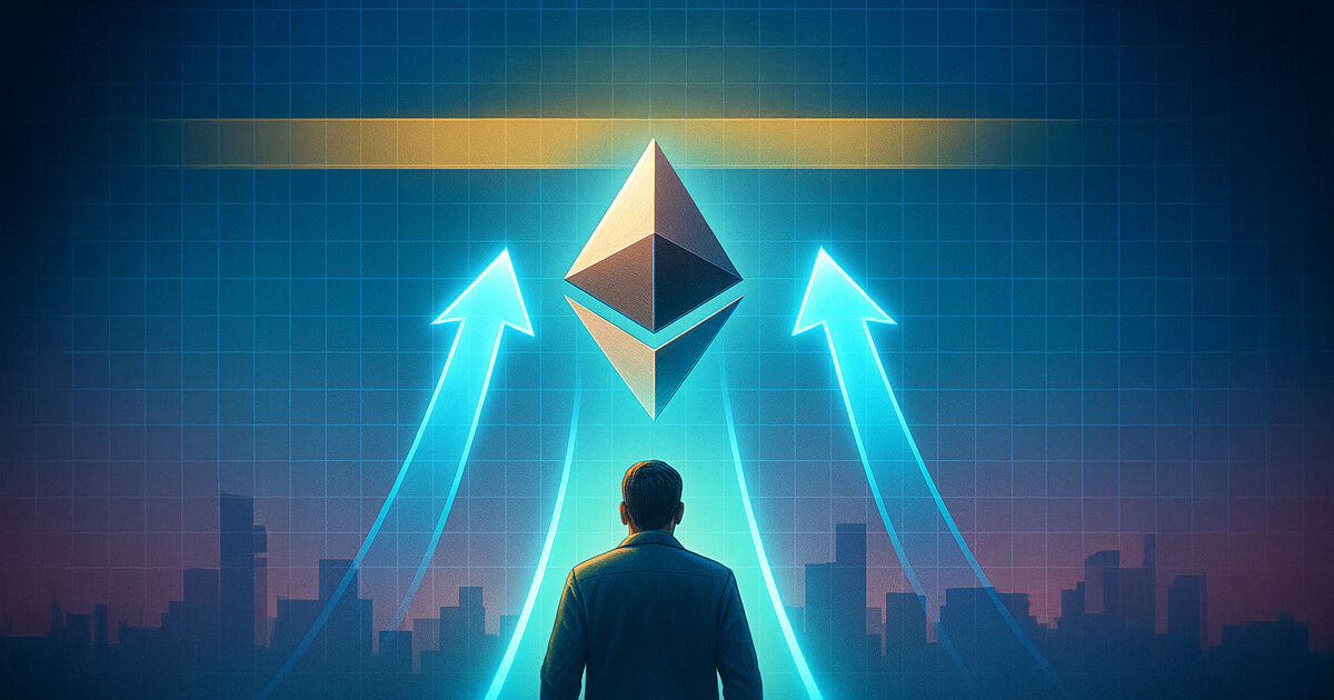 An Ethereum token ascends between dual momentum arrows toward the highlighted $5.2K price band on a graph skyline - Cover art/illustration via CryptoSlate.