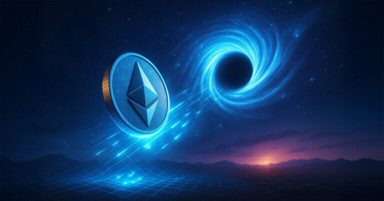 An Ethereum coin is depicted being pulled into a black hole as smaller altcoins orbit around - Cover art/illustration via CryptoSlate.