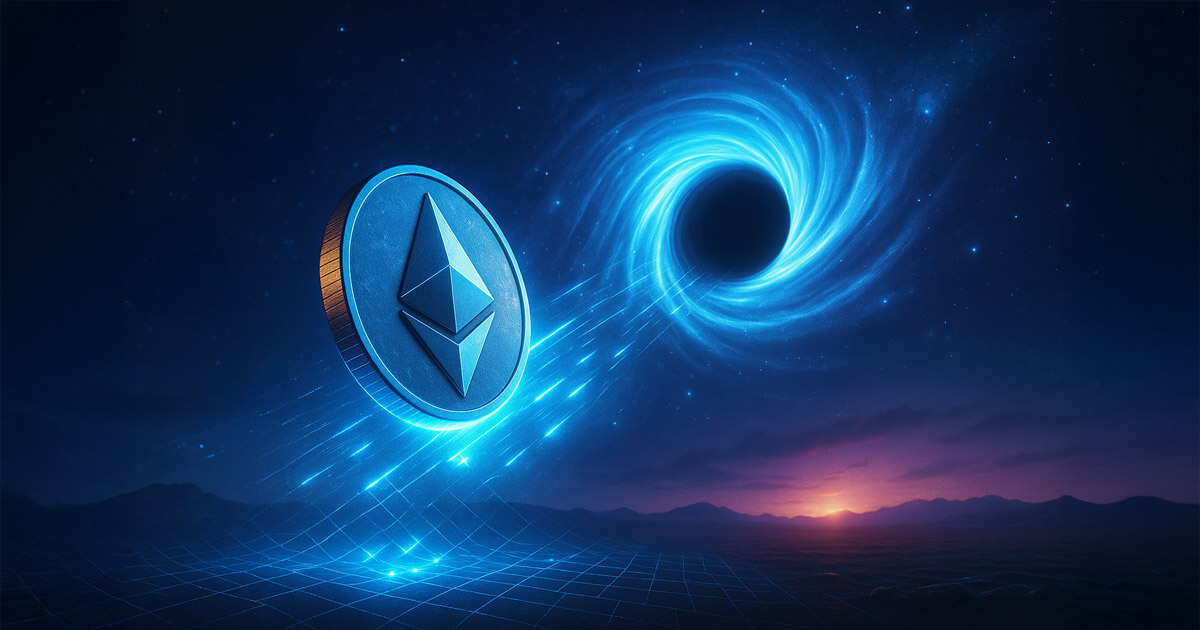 An Ethereum coin is depicted being pulled into a black hole as smaller altcoins orbit around - Cover art/illustration via CryptoSlate.