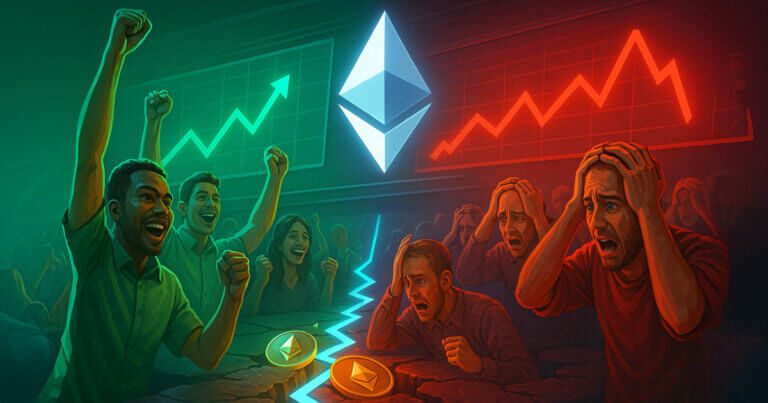 DeFi and CeFi traders are shown split, with one side celebrating and the other panicking over Ethereum’s price drop - Cover art/illustration via CryptoSlate.