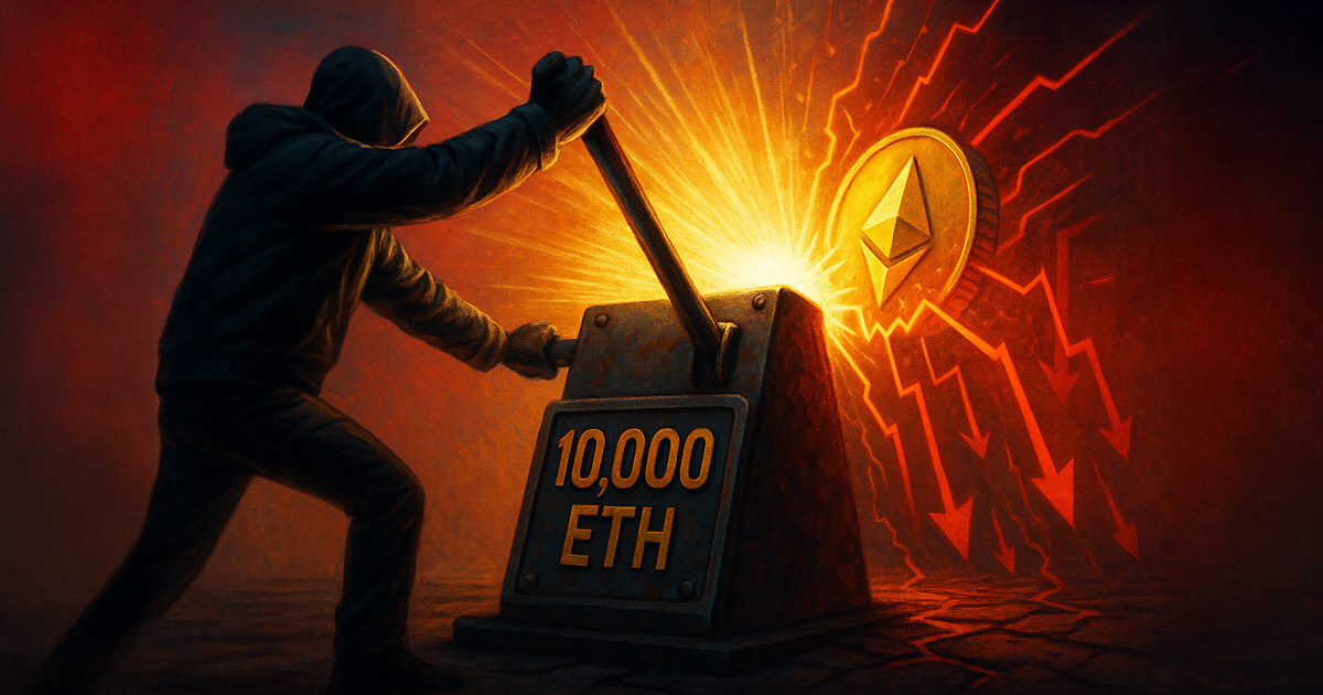 An unknown figure pulls a lever labeled “10,000 ETH,” symbolizing the Ethereum Foundation’s planned sale and its market impact - Cover art/illustration via CryptoSlate.