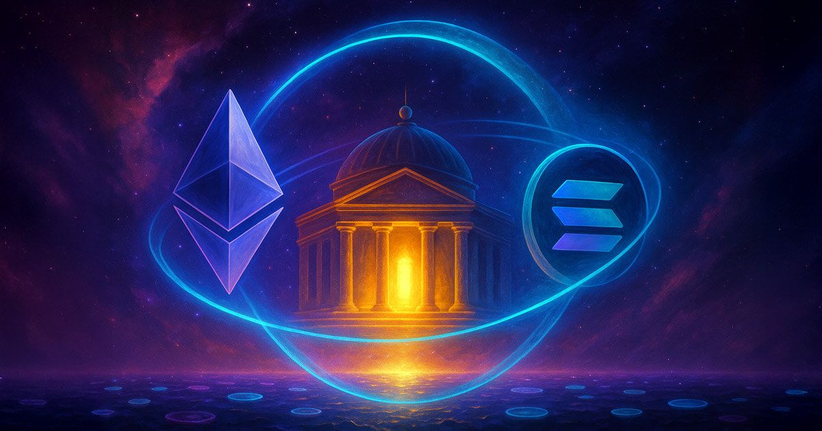 Ethereum and Solana logos orbiting a glowing institutional globe linked by shield arcs in space - Cover art/illustration via CryptoSlate.