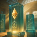 sunlit glass ETF pillars in a stock exchange hall, with a glowing Ethereum symbol and lock motif evoking an Ethereum staking ETF launch.