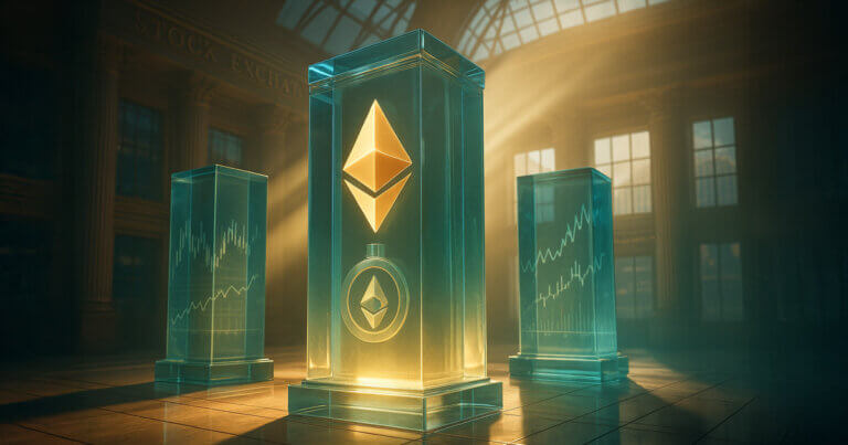 sunlit glass ETF pillars in a stock exchange hall, with a glowing Ethereum symbol and lock motif evoking an Ethereum staking ETF launch.