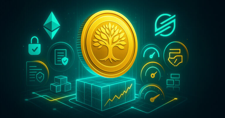 A golden tree coin representing WisdomTree connects to Ethereum and Stellar icons over a glowing ledger with gauges, documents, and charts hinting at a tokenized private credit fund launch