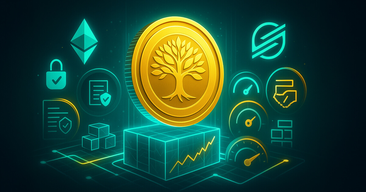 A golden tree coin representing WisdomTree connects to Ethereum and Stellar icons over a glowing ledger with gauges, documents, and charts hinting at a tokenized private credit fund launch