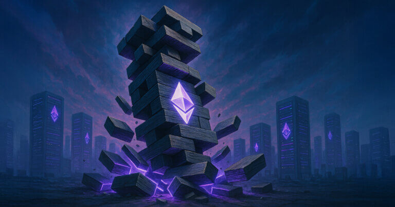 Ethereum validator node tower collapses like a Jenga stack after a mass slashing event - Cover art/illustration via CryptoSlate.