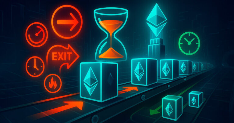 A neon-teal conveyor of Ethereum validator cubes stretches under red exit arrows, hourglasses, and clocks toward a glowing beacon, symbolizing a congested withdrawal queue and longer wait times.