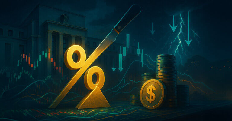 A storm-lit Federal Reserve building looms behind a golden percentage symbol being sliced as glowing chips and falling chart arrows imply a surprise half-point rate cut.
