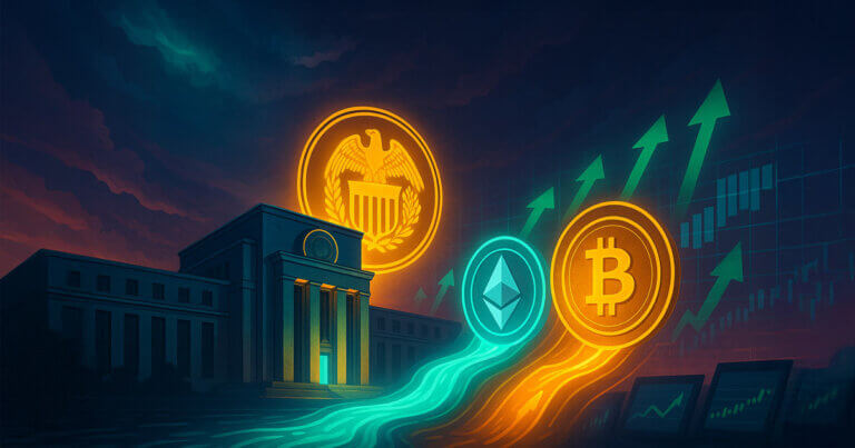 Dawn light bathes the Federal Reserve building as glowing liquidity streams flow toward Bitcoin and Ethereum coins rising against valuation targets and upward arrows.