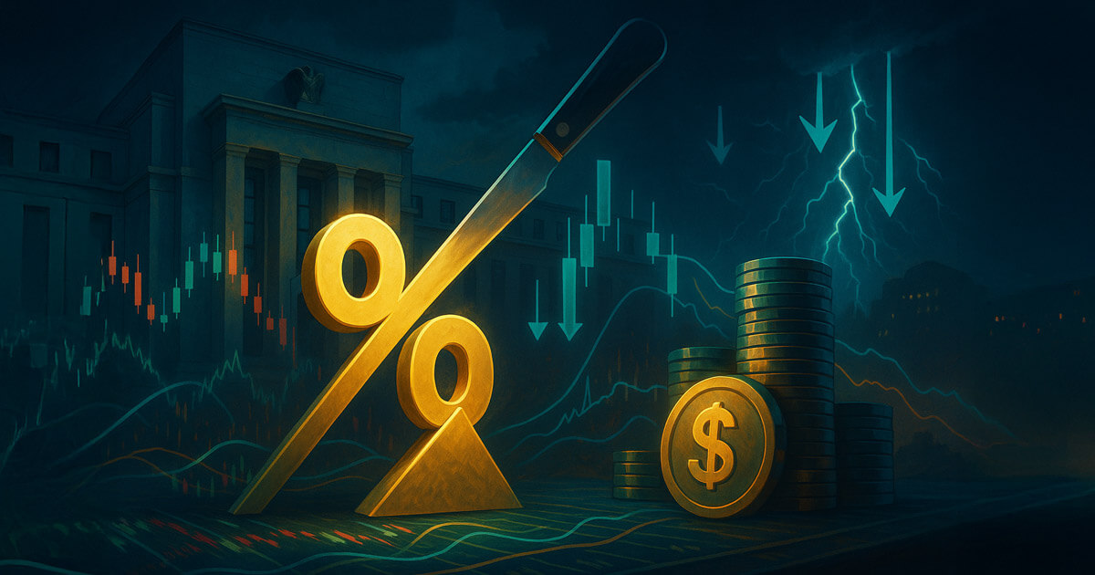 A storm-lit Federal Reserve building looms behind a golden percentage symbol being sliced as glowing chips and falling chart arrows imply a surprise half-point rate cut.