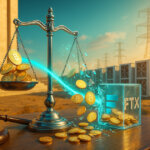 A bright courtroom table displays a tipped scale and gavel as glowing coins stream from a mining farm toward a crystal FTX vault, symbolizing the lawsuit to claw back funds