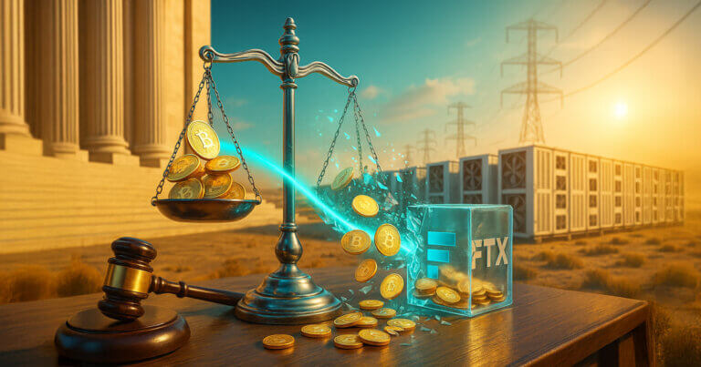 A bright courtroom table displays a tipped scale and gavel as glowing coins stream from a mining farm toward a crystal FTX vault, symbolizing the lawsuit to claw back funds