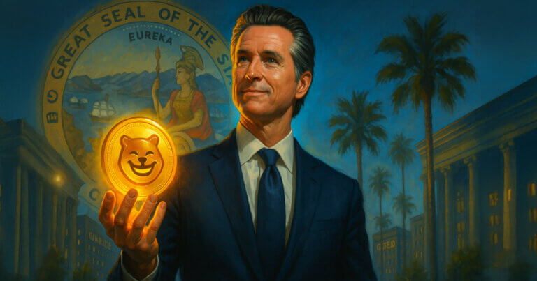 California Governor Gavin Newsom is depicted holding a glowing memecoin inscribed with a bear emoji against the state seal backdrop - Cover art/illustration via CryptoSlate.