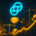 A glowing Gemini logo hovers above golden scales, a handshake, and a rising stock-like arrow outside a courthouse, evoking resolution and potential upside from the Earn settlement