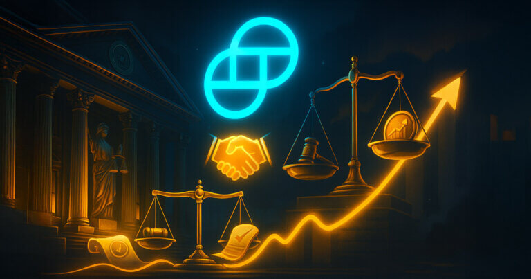 A glowing Gemini logo hovers above golden scales, a handshake, and a rising stock-like arrow outside a courthouse, evoking resolution and potential upside from the Earn settlement