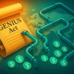 The GENIUS Act is illustrated as parchment transforming into pipes funneling digital dollars across global borders - Cover art/illustration via CryptoSlate.