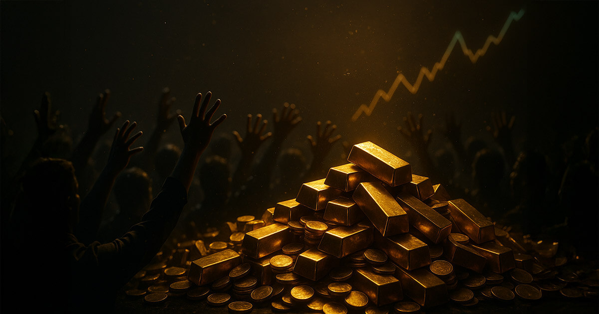 A cinematic 16:9 scene of unmarked gold bars and coins glowing under a warm spotlight as a crowd of blurred, outstretched hands reaches in from the edges against a dark background with a faint upward line, conveying frenzied buying.
