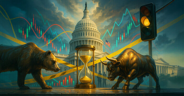 A bright, cinematic 16:9 scene of the U.S. Capitol under dynamic teal-and-gold skies with a glowing amber traffic light, faceless figures, and an oversized hourglass between polished bronze bull and bear statues, all wrapped by diagonal yellow caution ribbons and floating red-green market chart lines to evoke breath-held tension without any text.